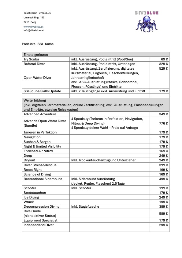 Preisliste SSI Kurse 2025 Seite 1